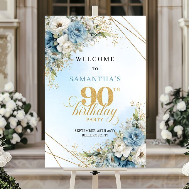 Klassisk rustik dammig blå guld 90 födelsedags väl poster (Classic Rustic dusty blue gold 90th birthday welcome)