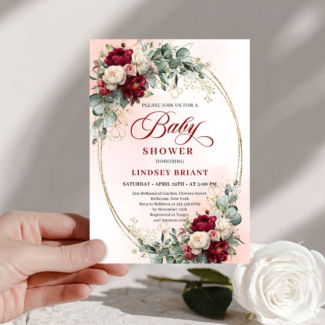 Klassisk Rustik Djupröd Blommig Baby Shower Inbjud Inbjudningar (Classic Rustic Deep Red Floral Baby Shower Invite)