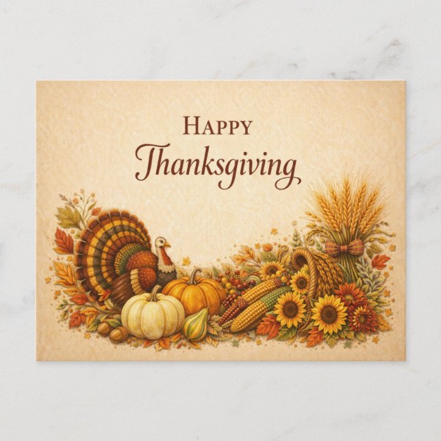 Klassisk Rustik Thanksgiving Kalkon Skörd Helg Vykort (Framsida)