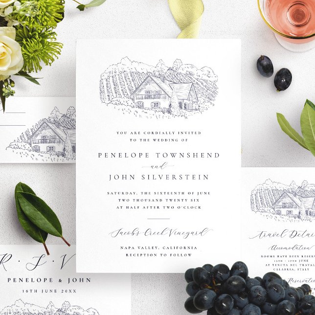 Klassisk rustik vingårdsillustration Bröllop Inbjudningar (Classic Rustic Vineyard Illustration Wedding Invitation)