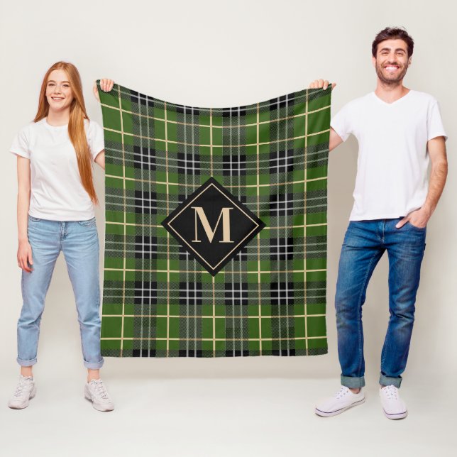Klassisk, rustisk Grönt Tartan Play Monogram Fleecefilt (På plats)