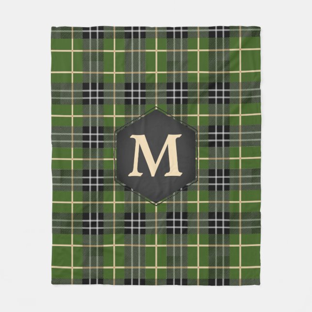 Klassisk, rustisk Grönt Tartan Play Monogram Fleecefilt (Framsidan)