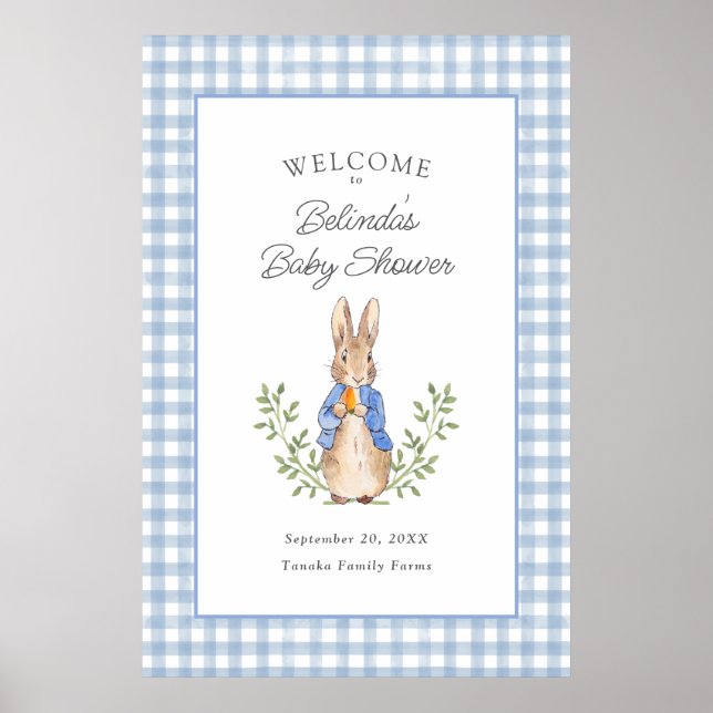 Klassisk saga kanin blå baby shower välkomstskylt poster (Framsidan)