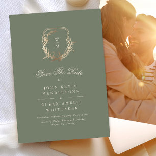 Klassisk Sage & Cream Monogram Guld Crest Foto Spara Datumet