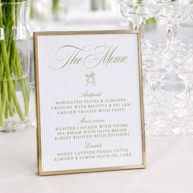 Klassisk Sagegrön & Blå Randig Bröllopsmeny (Classic Sage Green & Blue Striped Wedding Menu)