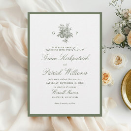 Klassisk Sagegrön Blommig Monogram Bröllop Inbjudningar