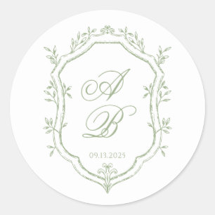 Klassisk Sagegrön Blommig Monogram Svetsad Bröllop Runt Klistermärke