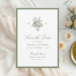 Klassisk Sagegrön Monogram Bröllop Save the Date Spara Datumet