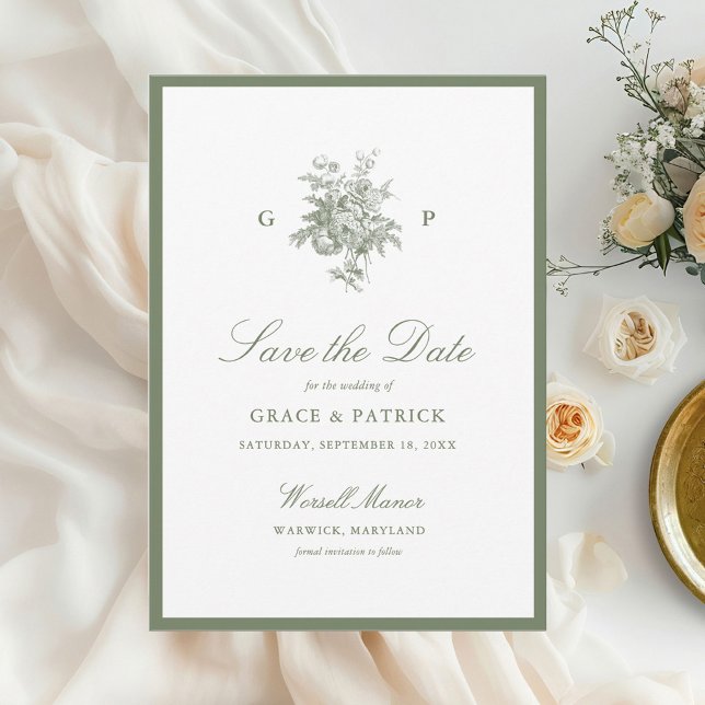 Klassisk Sagegrön Monogram Bröllop Save the Date Spara Datumet (Skapare uppladdad)