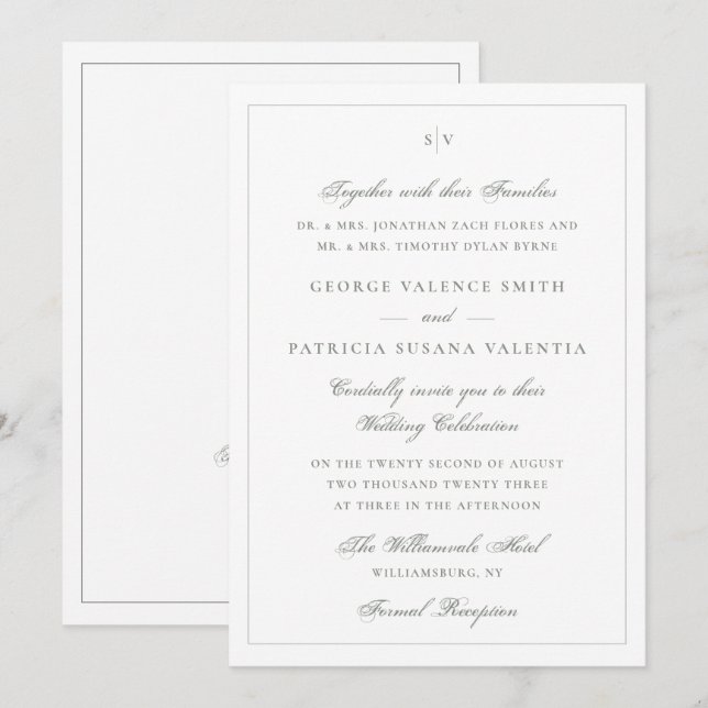 Klassisk Sagegrön Monogram Bröllopswebbplats Inbjudningar (Fram/baksida)