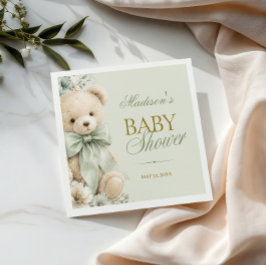 Klassisk Sagegrön Teddybjörn Baby Shower Pappersservett