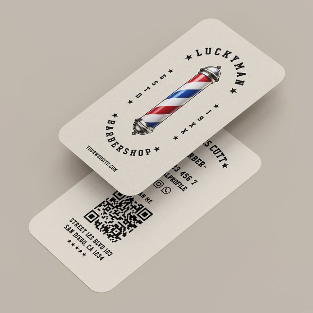 Klassisk sand röd vit blå barberarstol barberare visitkort (Classic Sand Red White Blue Barber Pole Barbershop Business Card
)