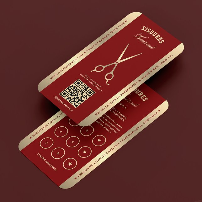 Klassisk sax Deep Red Barber Loyalty Card Visitkort (Classic Scissors Deep Red Barber Loyalty Card
)