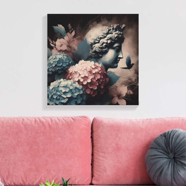 Klassisk scen med gipsum-status och hydrangea canvastryck (Insitu (Vardagsrum))