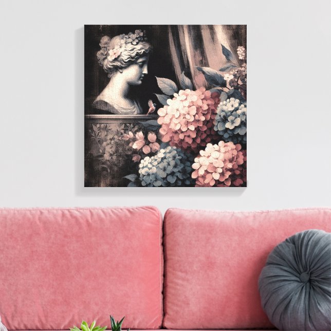 Klassisk scen med gipsum-status och hydrangea canvastryck (Insitu (Vardagsrum))