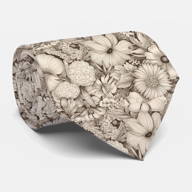 Klassisk Sepia Blommig Elfenbensfärgad Botanisk El Slips (Rullad)