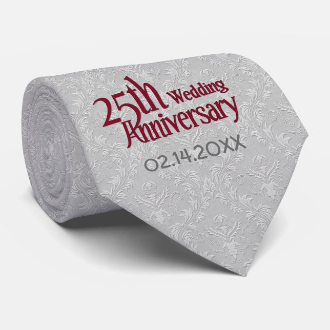 Klassisk Silver Damask 25:e Bröllop-årsdagen Slips (Rullad)