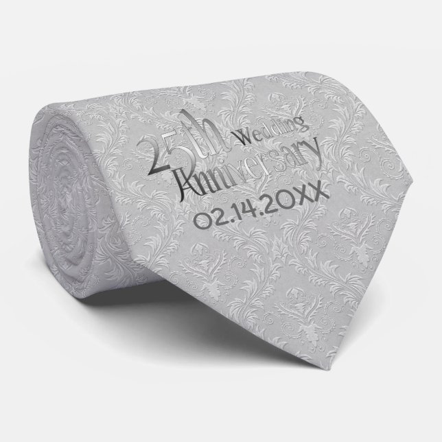 Klassisk Silver Damask 25:e Bröllop-årsdagen Slips (Rullad)