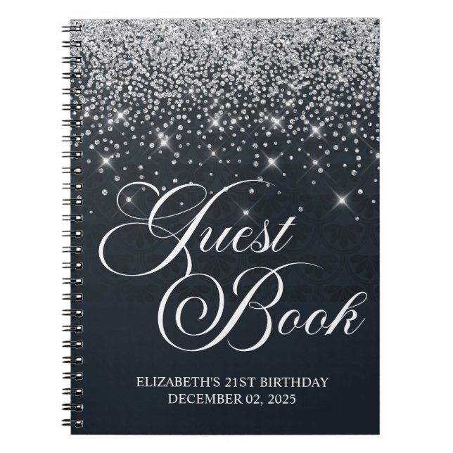 Klassisk Silver Glitter Black 21:a Bday Guestbook Anteckningsbok (Framsidan)