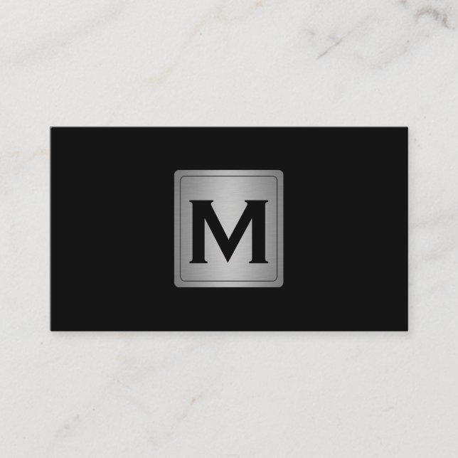 Klassisk Silver Metallisk Etikett med Monogram Visitkort (Framsida)