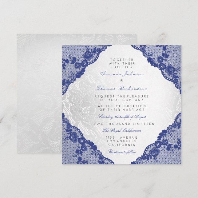 Klassisk Silver White Blue Navy Snöre Bröllop Inbjudningar (Fram/baksida)