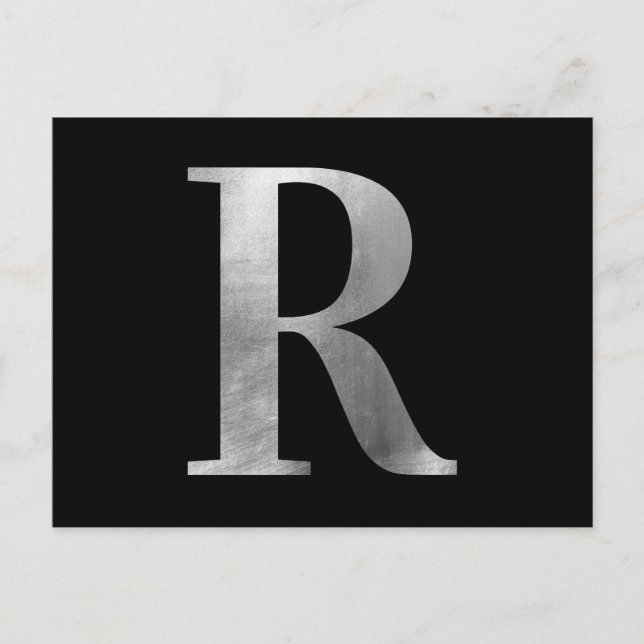 Klassisk Silvergrå Folie Monogram R på Svart Vykort (Framsida)