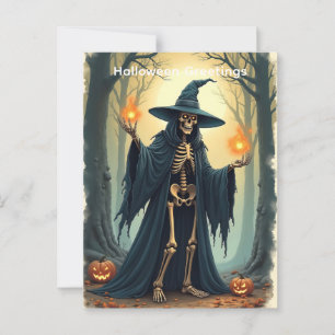 Klassisk Skelett Häxa Halloween Hälsning Vintage Vykort