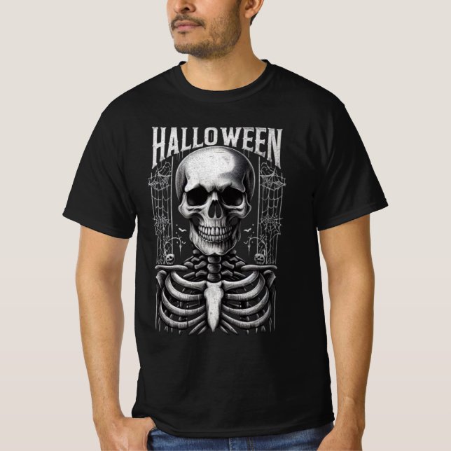 Klassisk skelett- och spindelnäts Halloween T Shirt (Framsida)