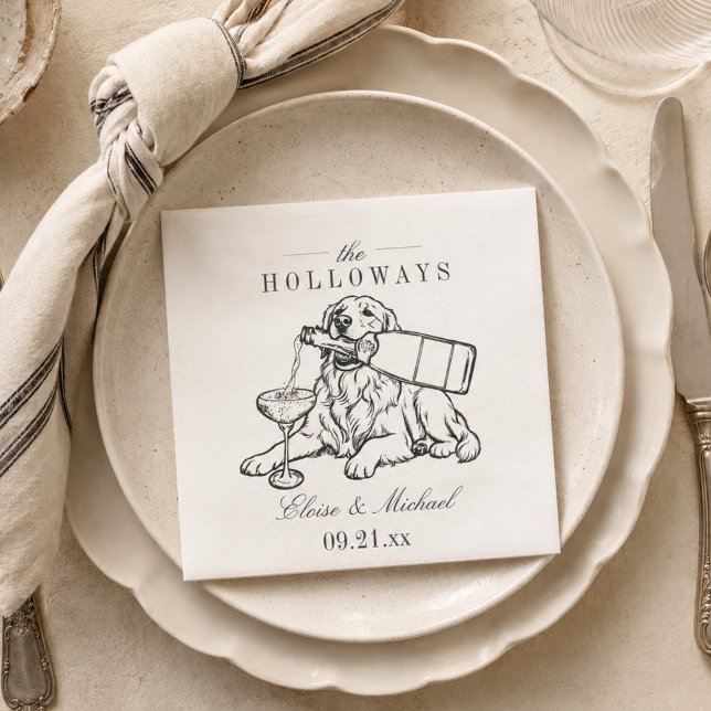 Klassisk Sketch Golden Retriever Champagne Bröllop Pappersservett (Classic Sketch Golden Retriever Champagne Wedding Napkins)
