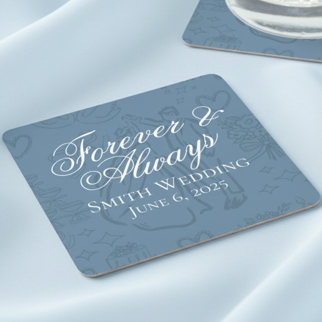 Klassisk skiss av Dusty Blue Hand plockade Bröllop Underlägg Papper Kvadrat (Celebrate your special day with these classic dusty blue coaster favors!)
