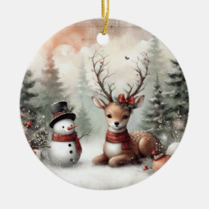 Klassisk skogsjul hjort/snögubbe julgransprydnad keramik