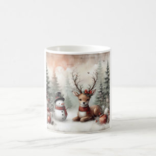 Klassisk skogsjul hjort/snögubbe kaffemugg