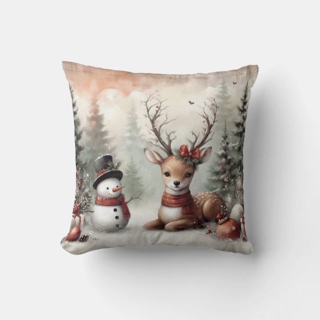 Klassisk skogsjul hjort/snögubbe kudde (Framsida)