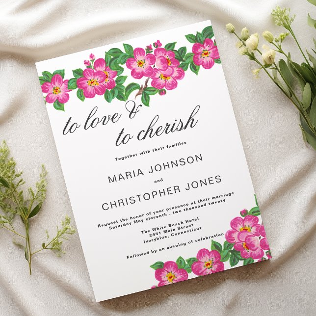 Klassisk skript ljus rosa grön blomsterbröllop inbjudningar (Classic script bright pink green floral wedding)