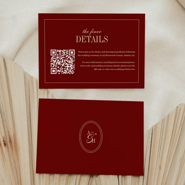 Klassisk skript vinröd QR-kod bröllopsdetaljer Tilläggskort (Skapare uppladdad)