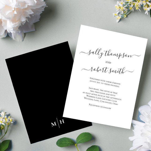 Klassisk skriptmall för svart och vit Elegant Inbjudningar (Simple black and white calligraphy script wedding invitation.)