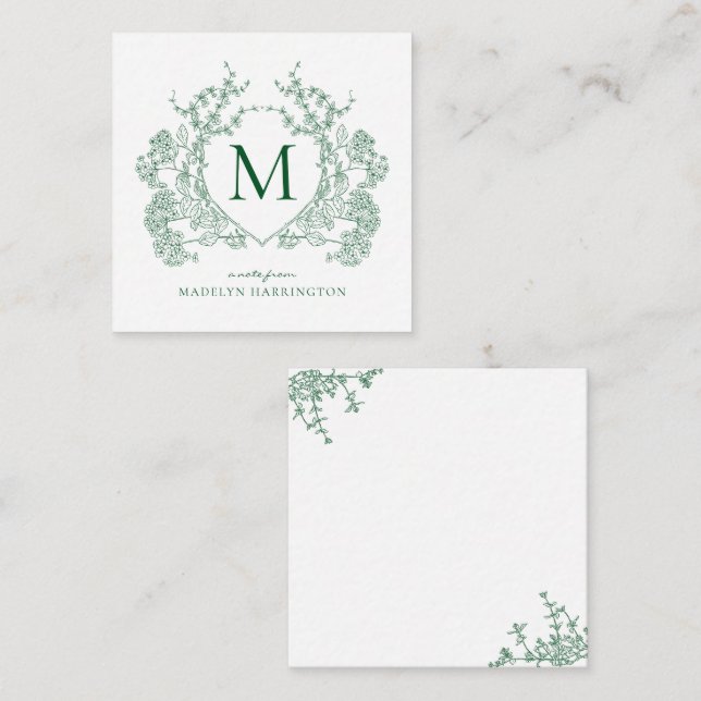 Klassisk smaragdgrön blomsterkrone monogram anteckningskort (Fram/baksida)
