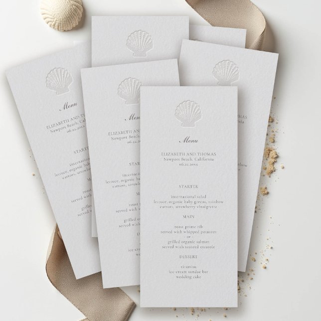 Klassisk Snäcka för kustsjöfart, Bröllop Meny (nautical wedding menu coastal modern classic formal traditional elegant shell medium ivory)