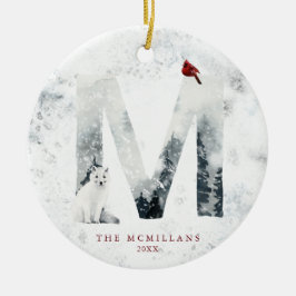 Klassisk snöig jul vintrig scen monogram M Julgransprydnad Keramik