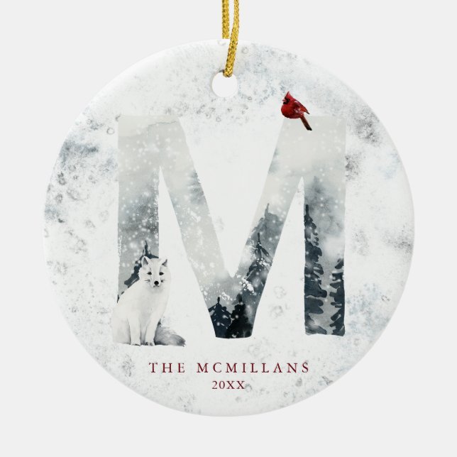 Klassisk snöig jul vintrig scen monogram M Julgransprydnad Keramik (Framsidan)