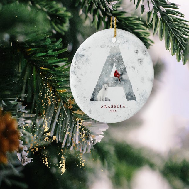 Klassisk snöig jul vintrigt scenmonogram A Julgransprydnad Keramik (Skapare uppladdad)