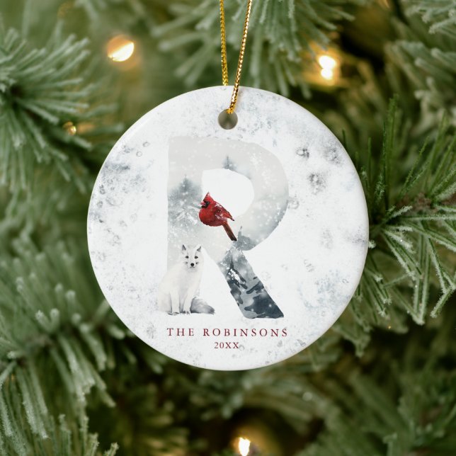 Klassisk snöig jul vintrigt scenmonogram R Julgransprydnad Keramik (Träd)