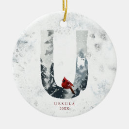 Klassisk snöig jul vintrigt scenmonogram U Julgransprydnad Keramik