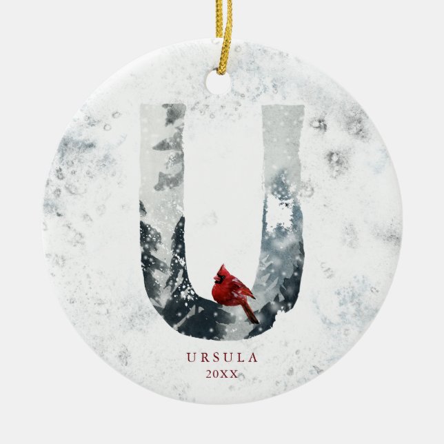 Klassisk snöig jul vintrigt scenmonogram U Julgransprydnad Keramik (Framsidan)