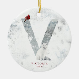 Klassisk snöig jul vintrigt scenmonogram V Julgransprydnad Keramik