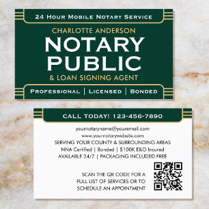Klassisk Stil Mobile Notary Public ID Grönt Guld Visitkort