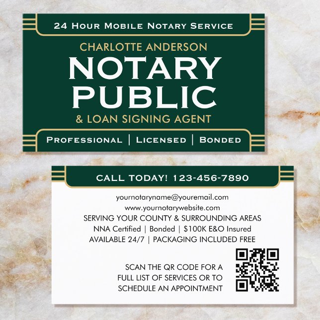 Klassisk Stil Mobile Notary Public ID Grönt Guld Visitkort (Skapare uppladdad)