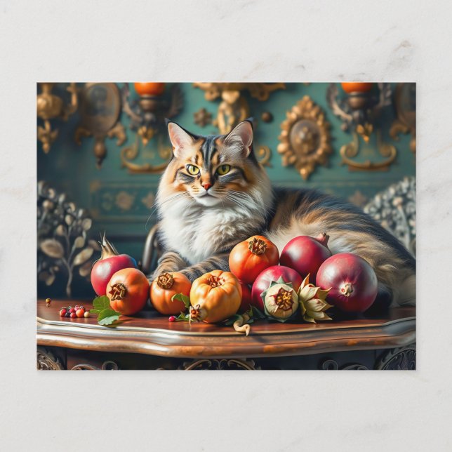 Klassisk stilleben med katt och frukter vykort (Framsida)