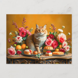 Klassisk stilleben med katt och naturens överflöd vykort