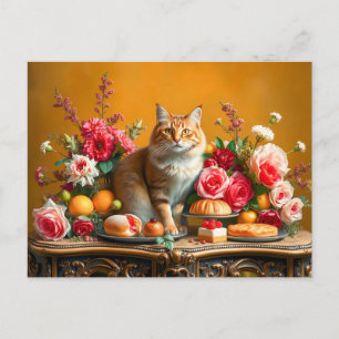 Klassisk stilleben med katt och naturens överflöd vykort